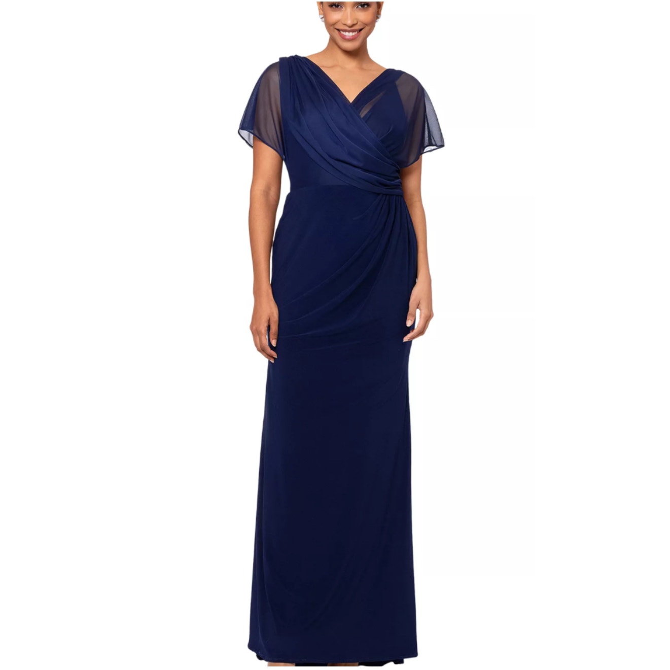 Betsy & Adam Blue Evening Gown Draped V-Neck Short Sleeve Column Dress Size 6